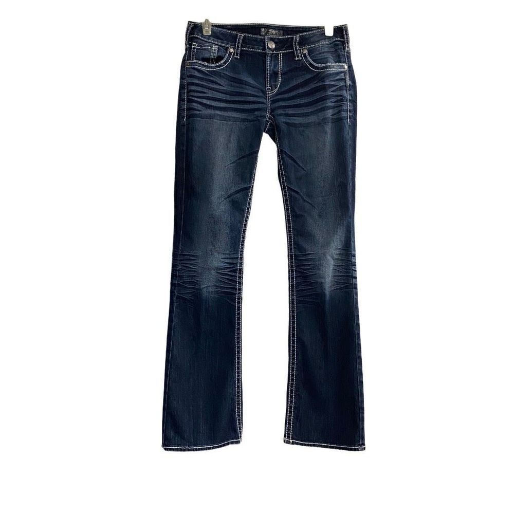SILVER JEANS Aiko Bootcut Women’s Size 31/35 Distressed Dark Wash READ DESCRIPTI